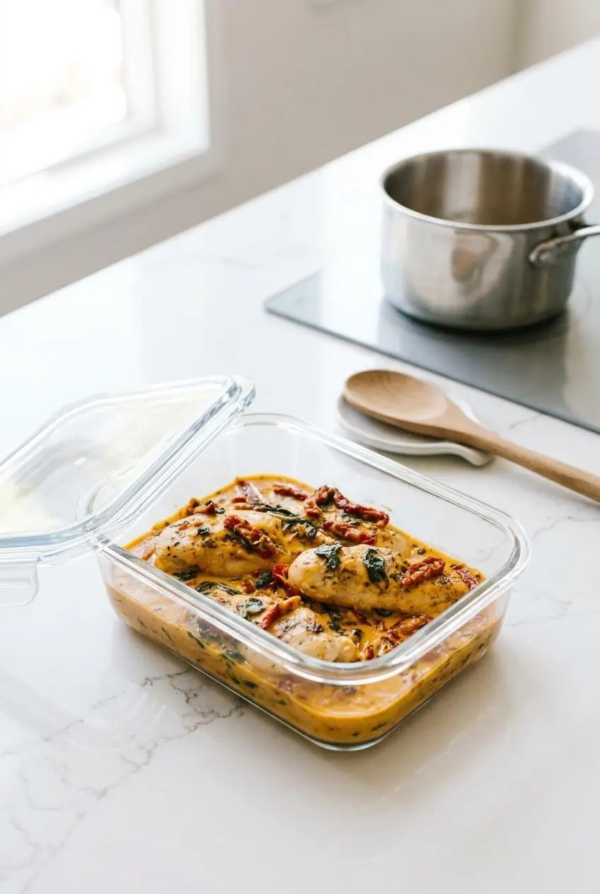 Cooked Tuscan chicken in a glass meal prep container ready for storage alongside a small stovetop saucepan.