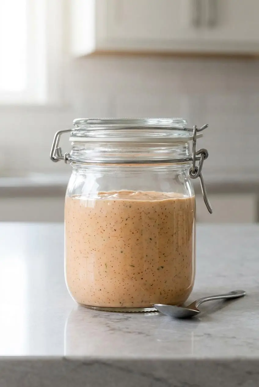 Airtight glass jar filled with fresh homemade remoulade sauce on a kitchen counter.