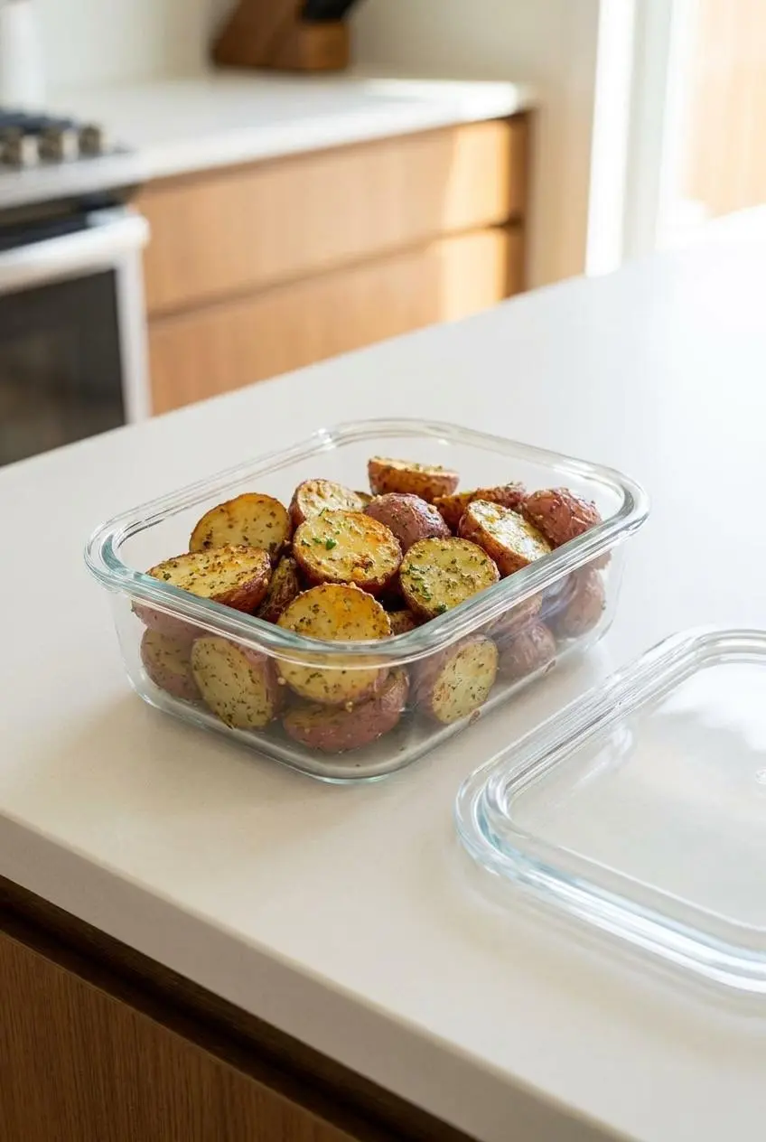 Leftover roasted potatoes inside a clear glass meal prep container on a white countertop.