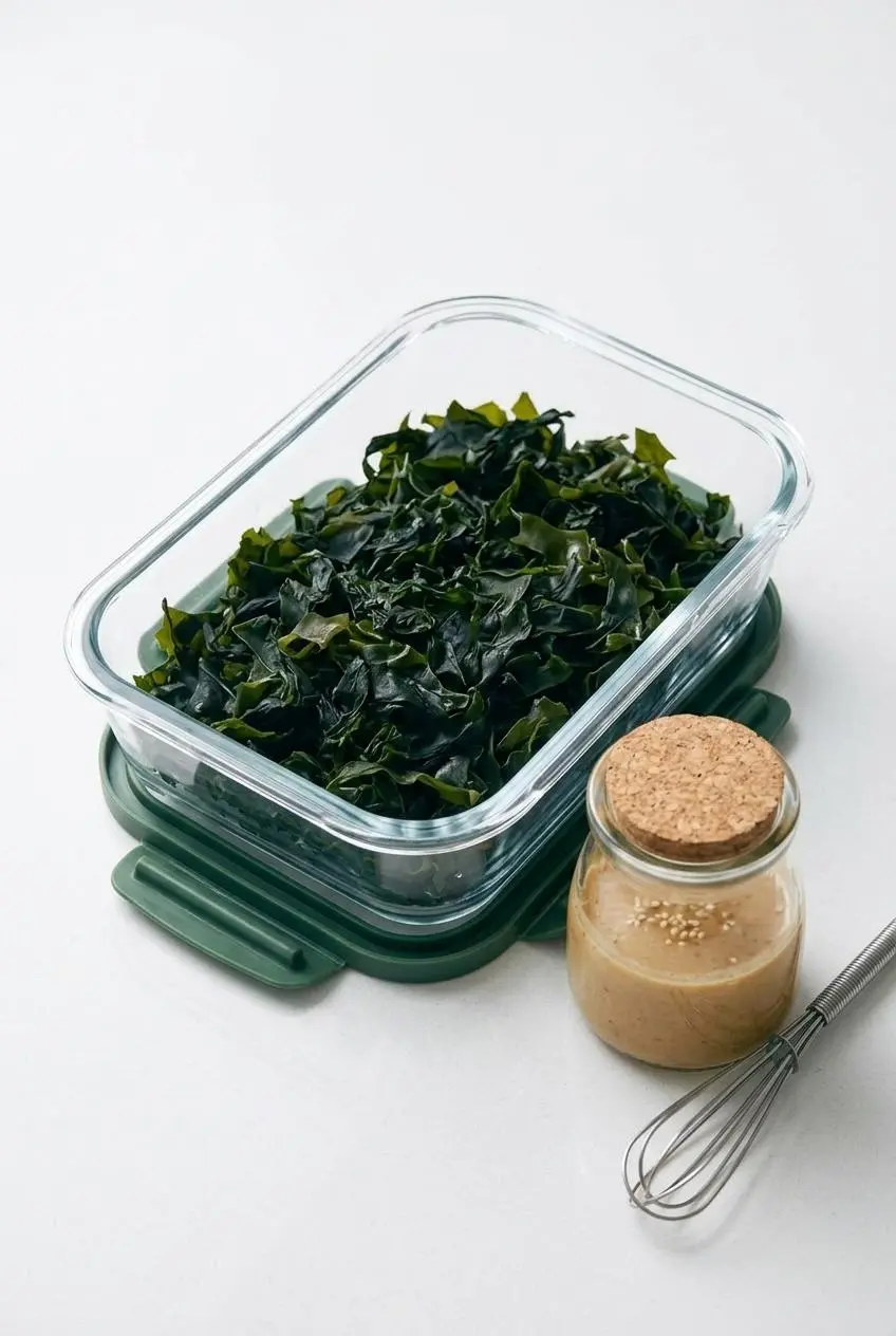 Dried wakame in a glass storage container next to a jar of sesame-miso dressing on a kitchen counter.