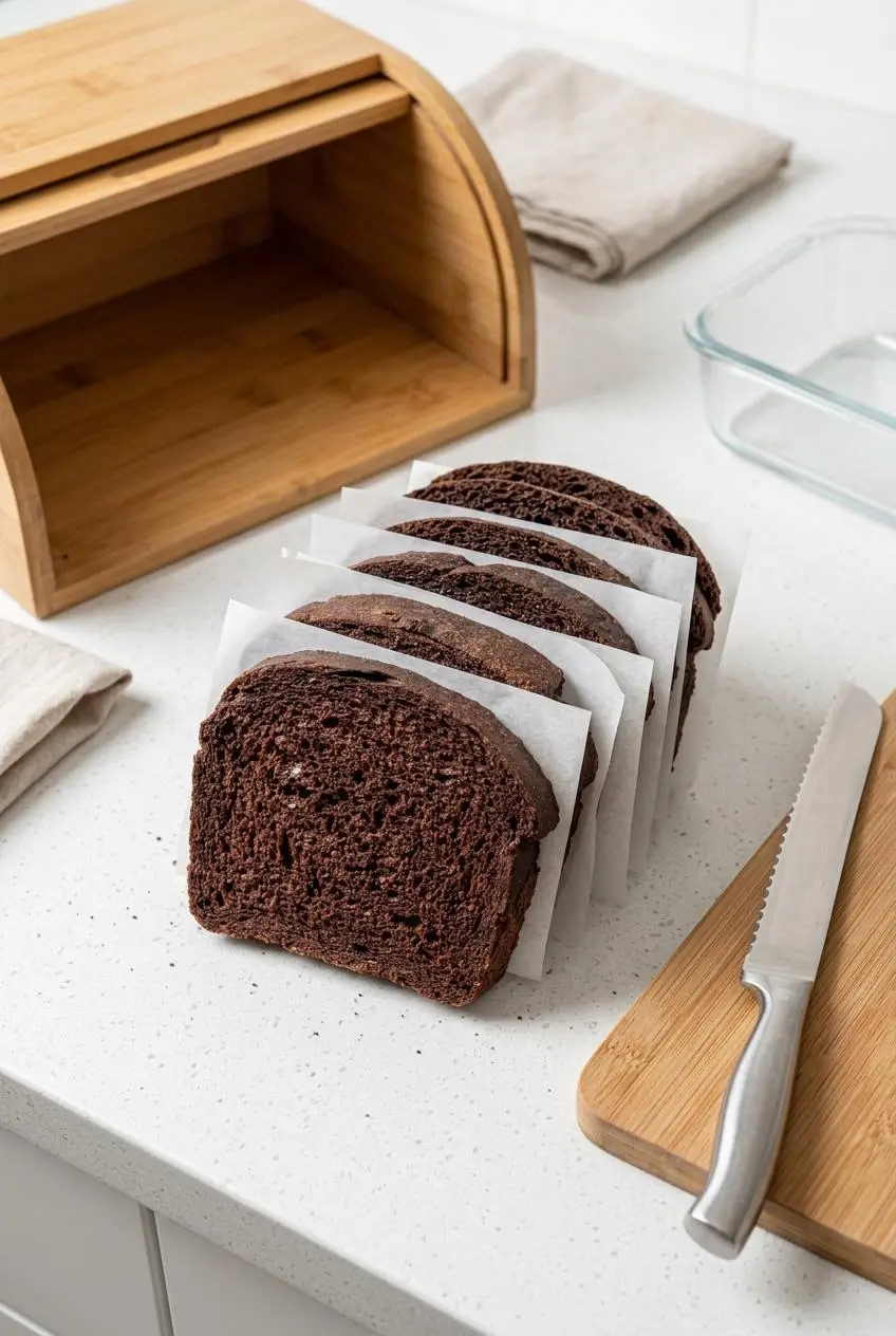 Sliced dark rye bread layered with parchment paper dividers next to a bamboo bread box.