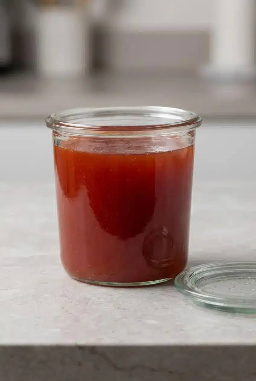 Vibrant red sweet and sour sauce stored in a clear glass jar on a light gray counter.