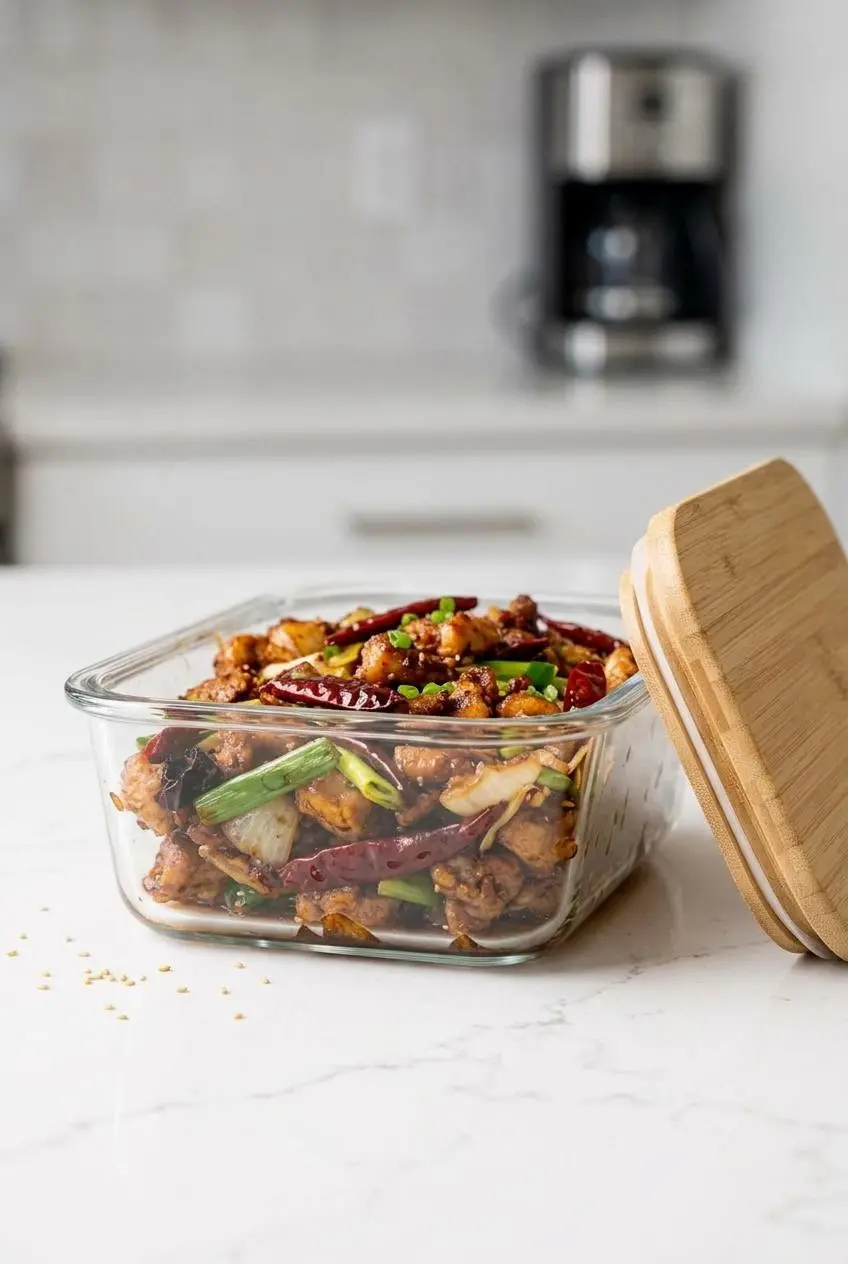 Cooked Szechuan chicken packed in a clear glass storage container with a bamboo lid on a quartz counter.