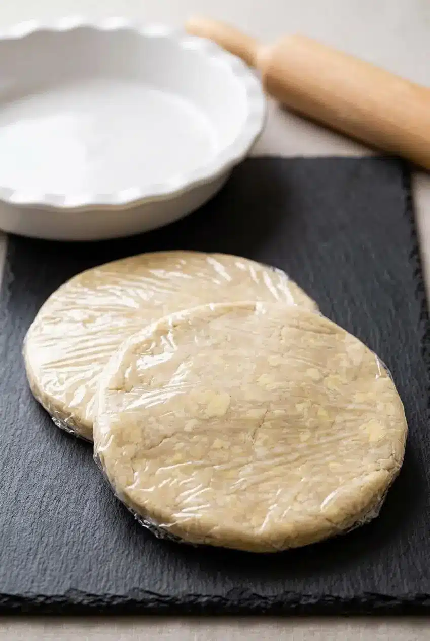 Two wrapped disks of unbaked pie dough showing visible cold butter flecks on a dark pastry board.