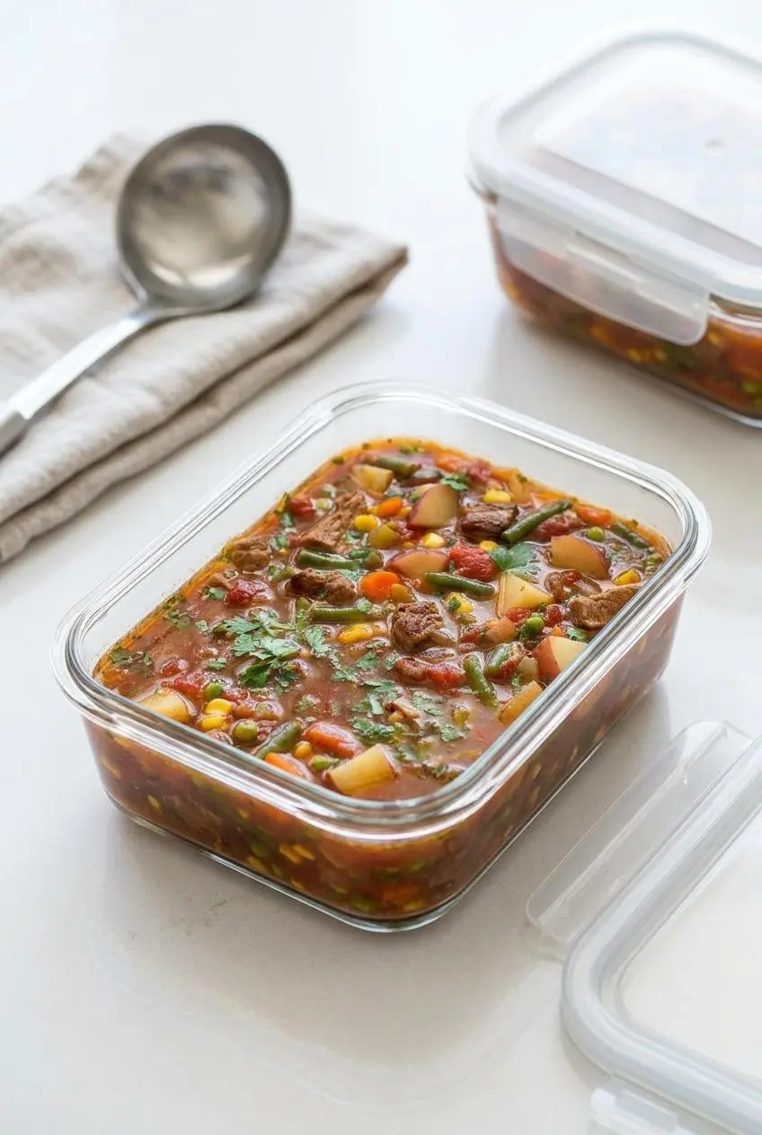 Vegetable beef soup stored in a clear glass airtight meal prep container on a bright kitchen counter.