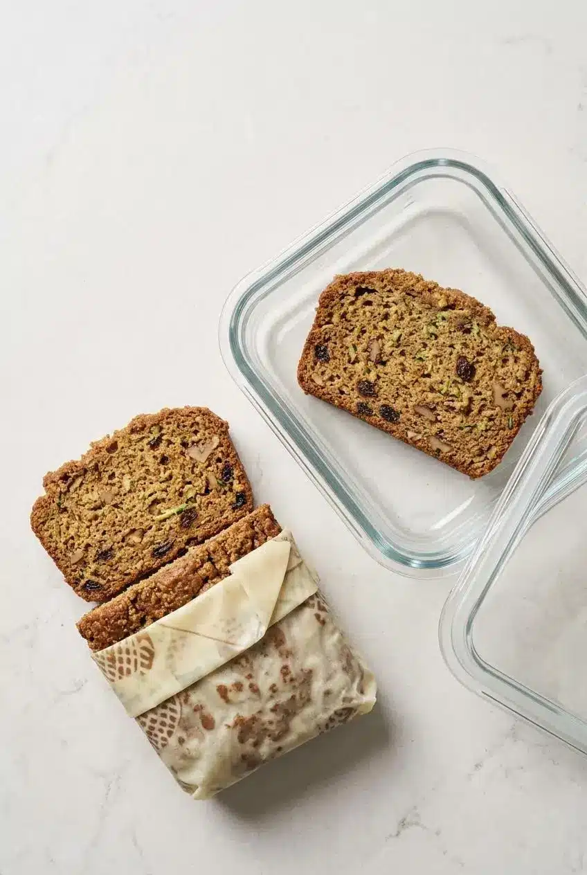 Slices of zucchini bread wrapped in beeswax food wrap next to a glass storage container on a white counter.