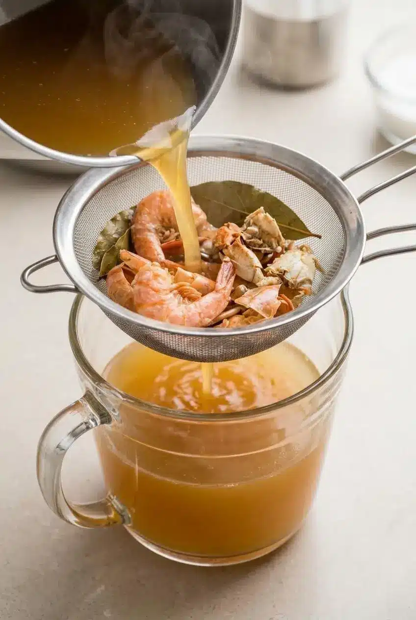 Golden amber homemade seafood stock strained through a fine mesh sieve catching shrimp shells and bay leaves.
