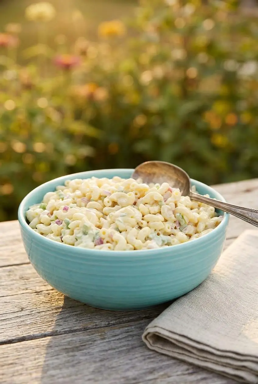 Vintage ceramic bowl of colorful macaroni salad with a serving spoon on a rustic wooden picnic table outdoors.