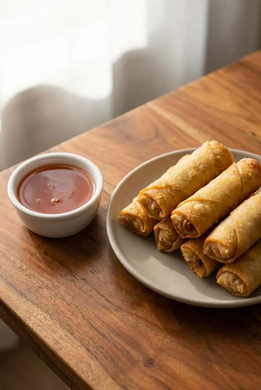 A small bowl of glossy red sweet and sour dipping sauce served alongside golden, crispy spring rolls.