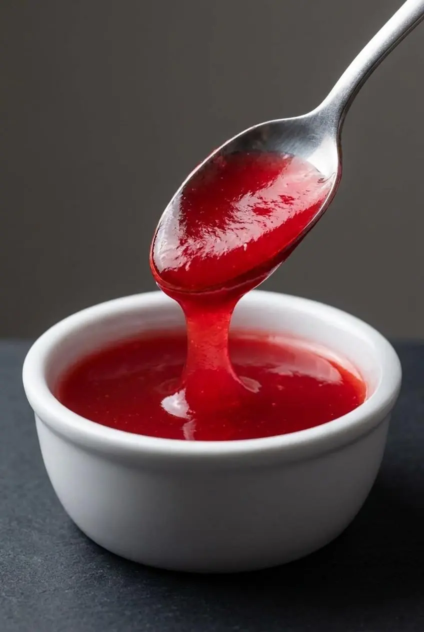 A silver spoon lifts a thick, translucent red sweet and sour glaze, showing its smooth texture.
