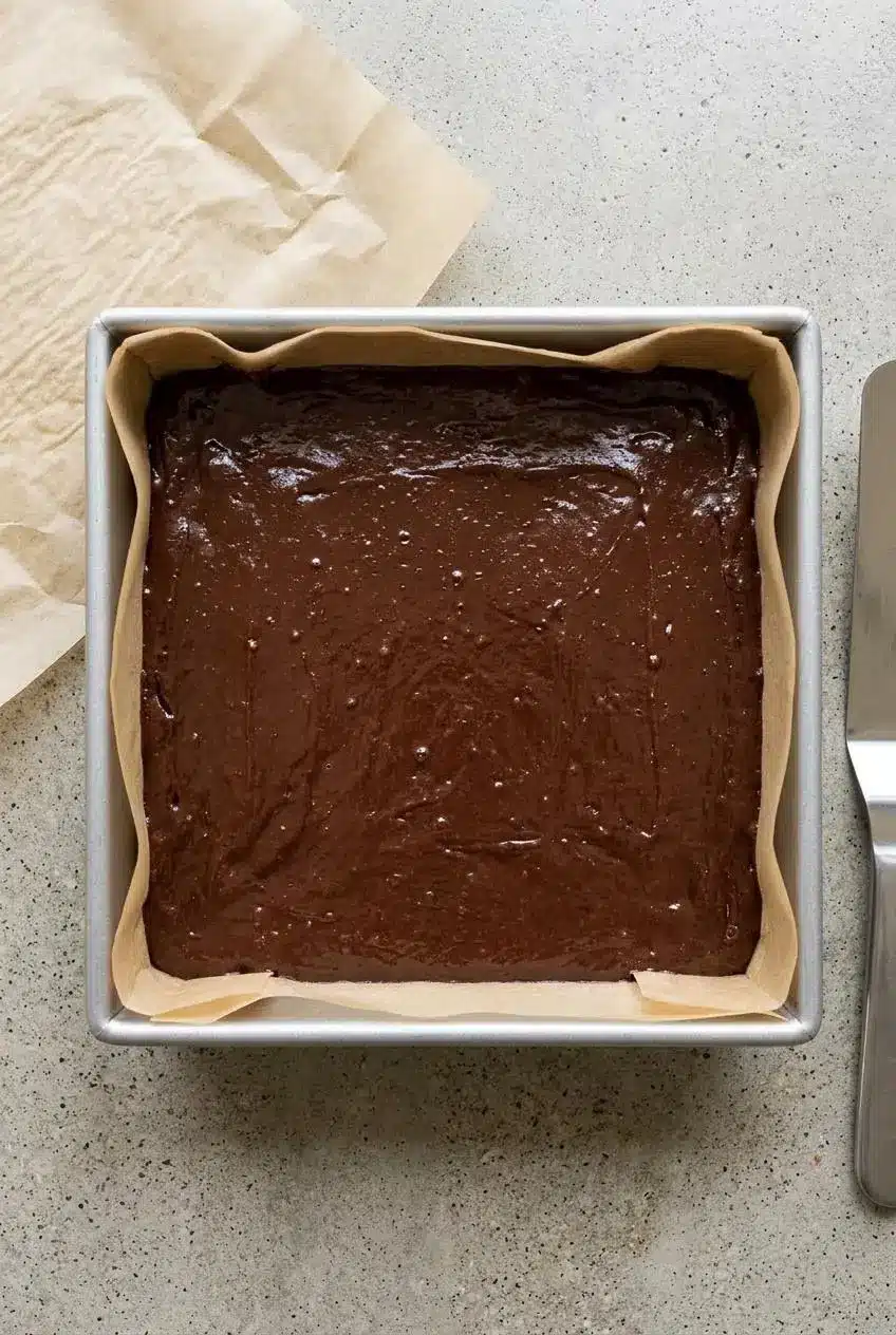 Thick chocolate sweet potato brownie batter spread evenly in a parchment-lined square baking pan