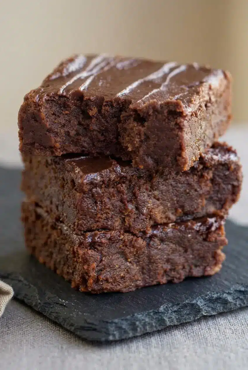 Close up cross section of a sliced sweet potato brownie showing a dense fudgy crumb and chocolate chips
