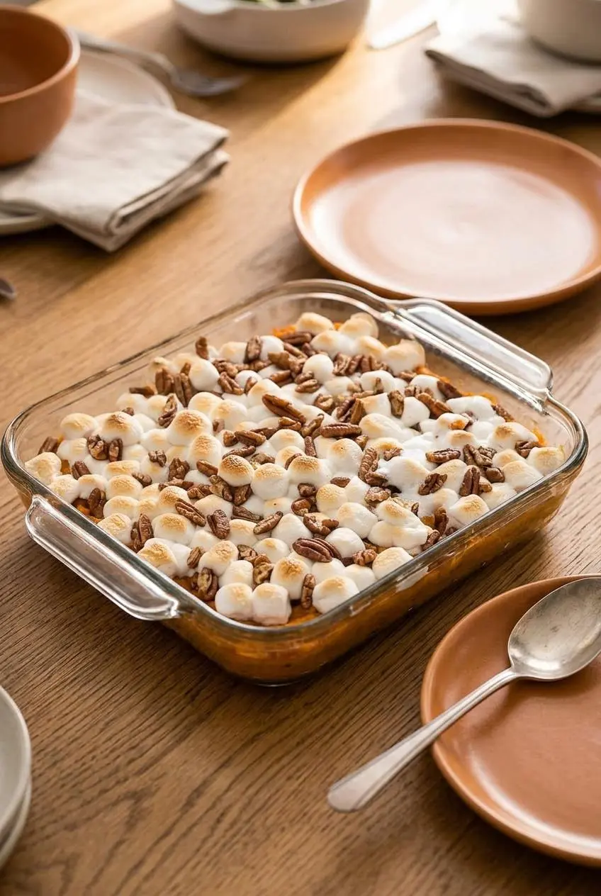Sweet potato casserole in a baking dish on a wooden holiday dining table with serving ware.