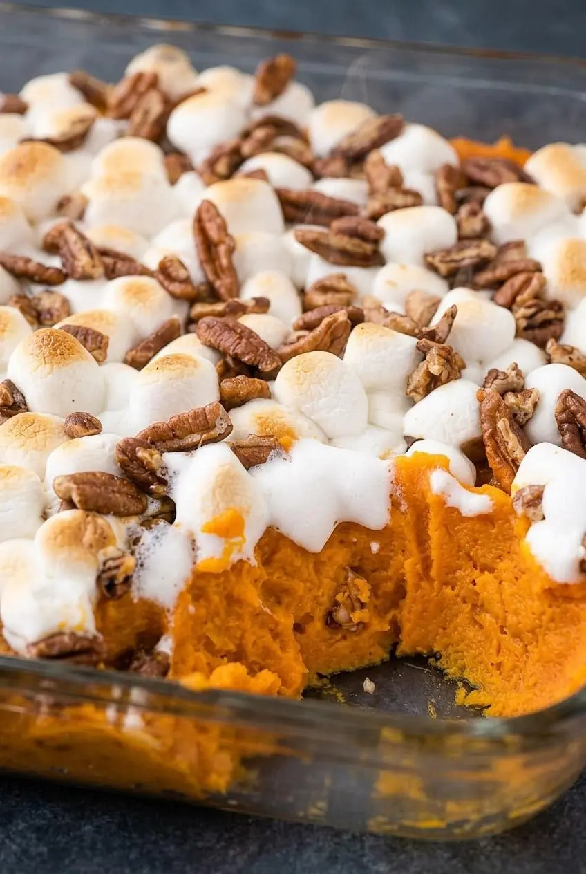 Close-up of toasted golden mini marshmallows and roasted chopped pecans over sweet potato mash.