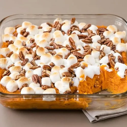 Baked sweet potato casserole with marshmallows and toasted pecans in a ceramic dish.
