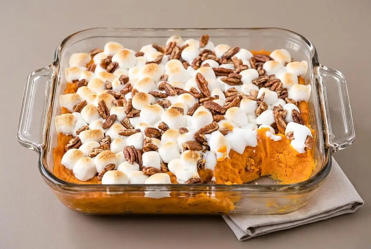 Baked sweet potato casserole with marshmallows and toasted pecans in a ceramic dish.