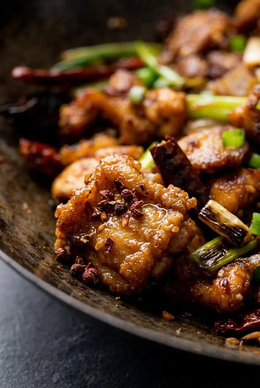 Close-up of crispy fried chicken pieces coated in glossy chili bean sauce with crushed Sichuan peppercorns.