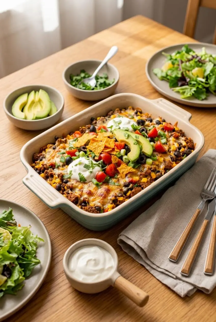 Taco casserole served on a wooden table alongside fresh avocado slices, chopped cilantro, sour cream, and a green salad.
