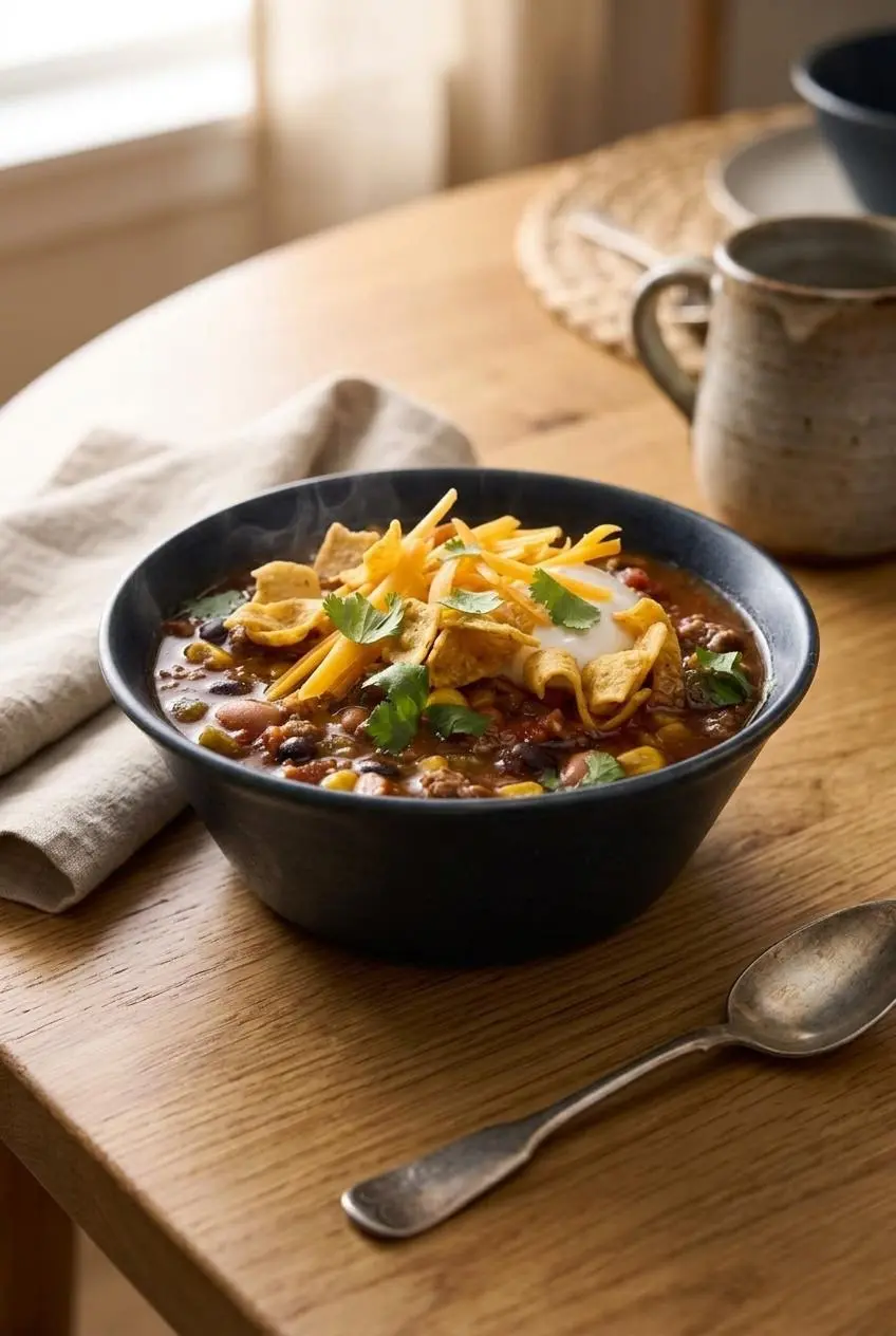 A bowl of warm taco soup topped with sour cream, shredded cheddar, cilantro, and crunchy corn chips on a wooden table.