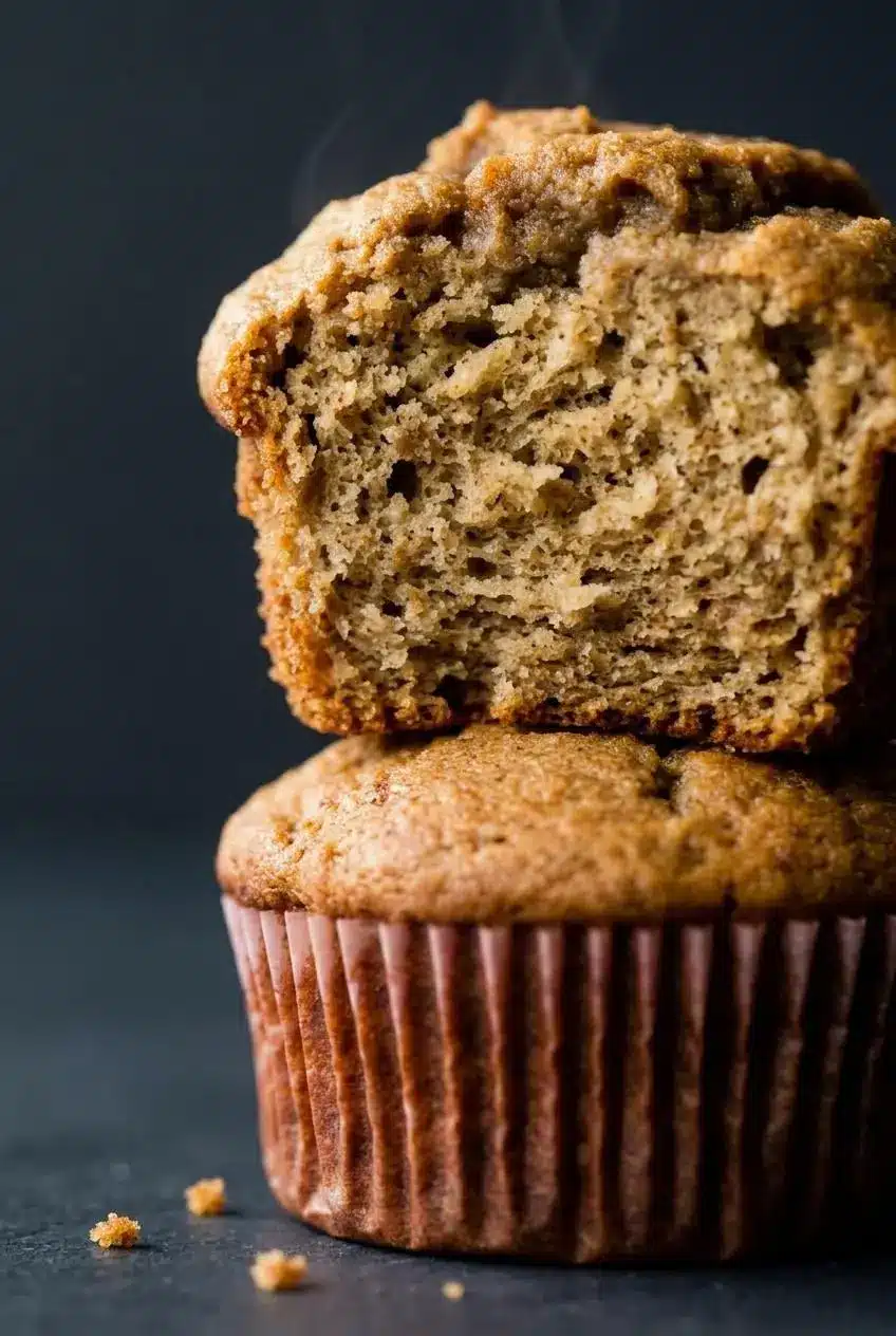 Close-up of a split banana muffin showing the steamy, tender crumb and tall golden dome