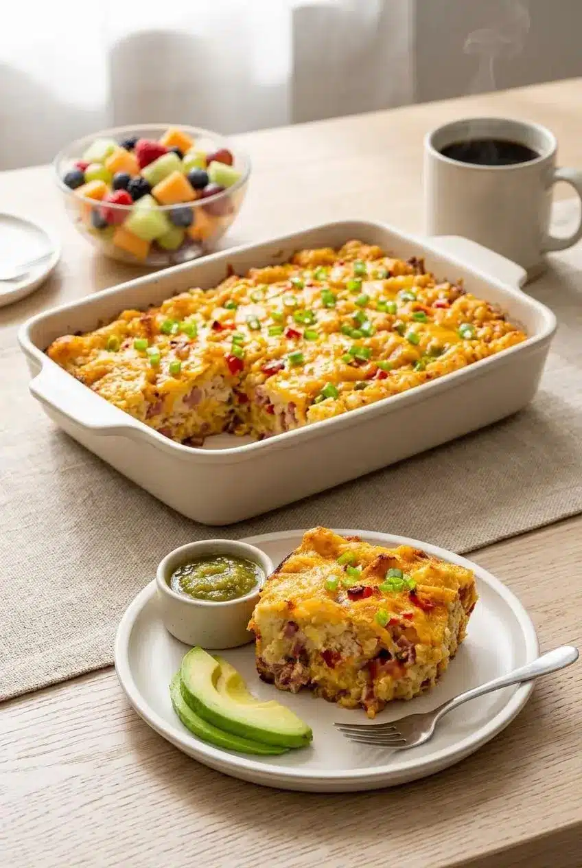 Plated slice of tater tot breakfast casserole served with salsa verde, avocado, fresh fruit, and coffee.