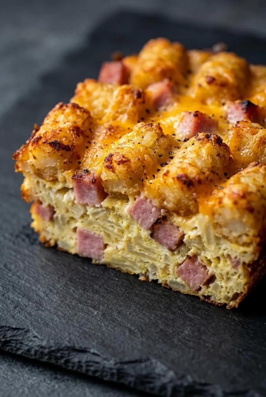 Close-up cross section of baked egg casserole showing crispy tater tots, melted cheese, and diced ham.