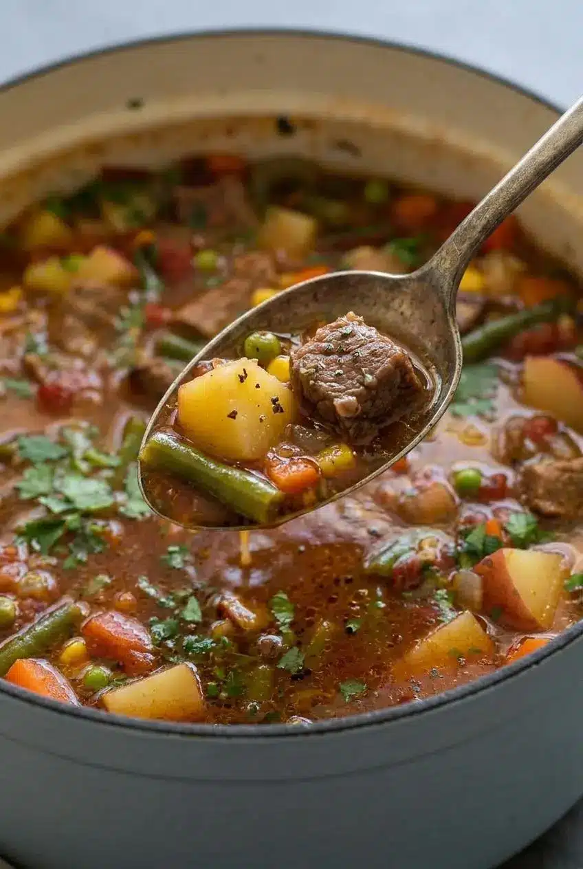 Spoon lifting a tender piece of braised beef, diced potato, and green bean from rich vegetable beef soup broth.