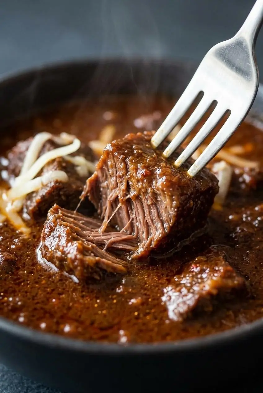 Fork pulling apart a tender braised beef brisket cube in rich chili broth.