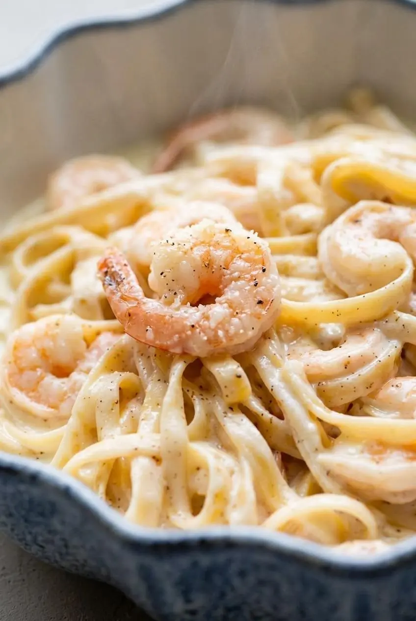 Macro view of cooked tender pink shrimp curled into a loose C-shape coated in creamy parmesan sauce.