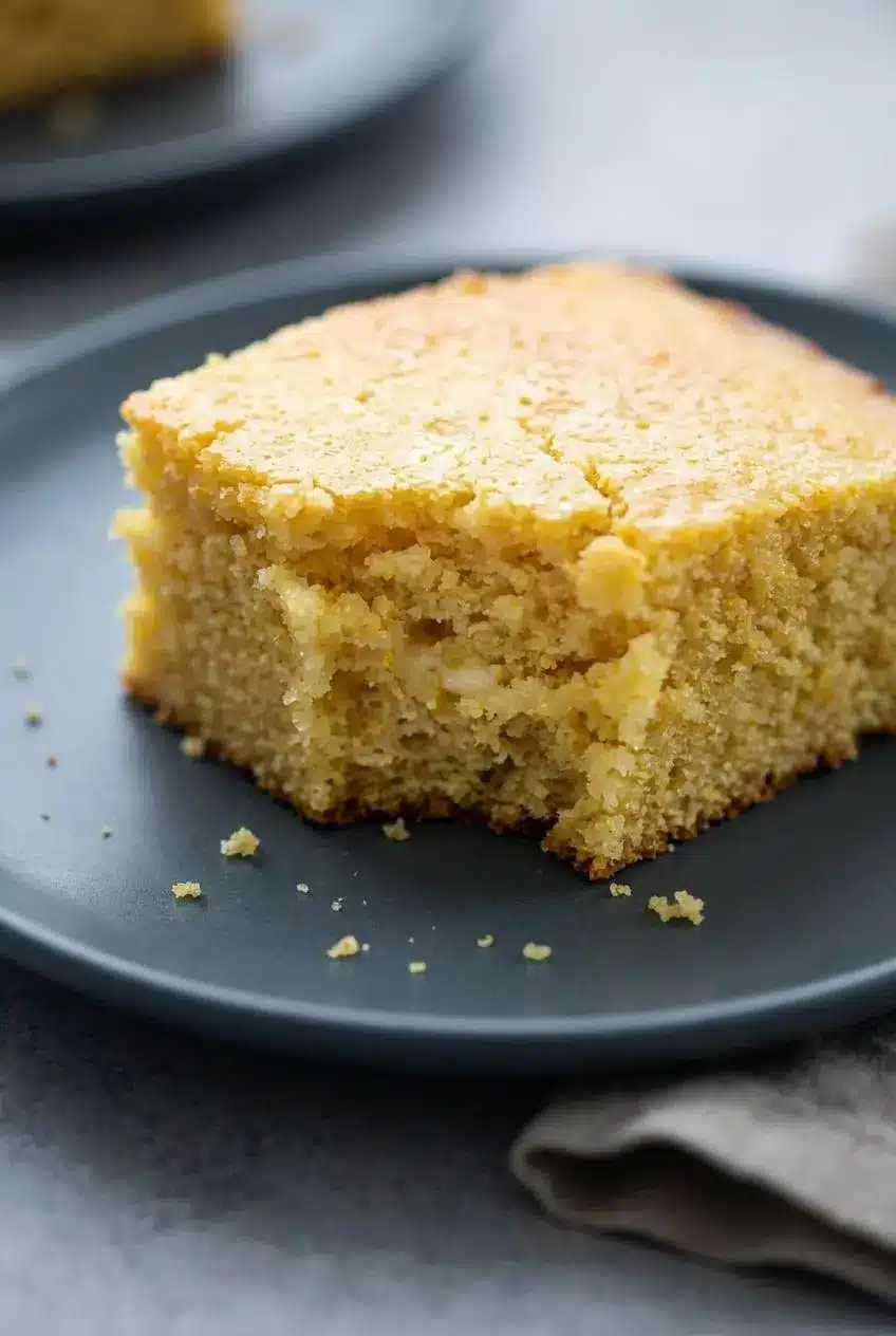 Close-up of a broken cornbread square displaying a moist, springy crumb structure and fine cornmeal grain.