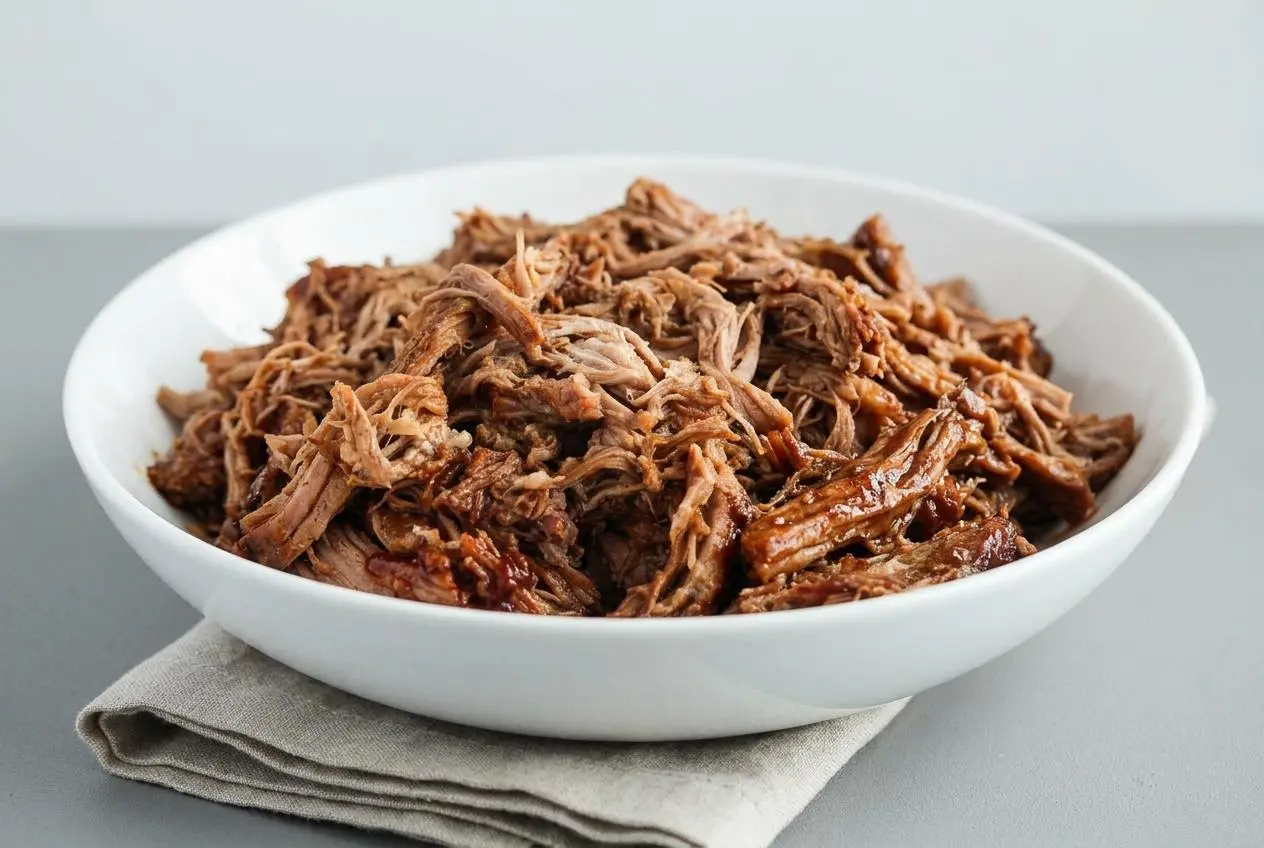 Tender Crock Pot Pulled Pork shreds coated in glossy barbecue sauce with caramelized edges.