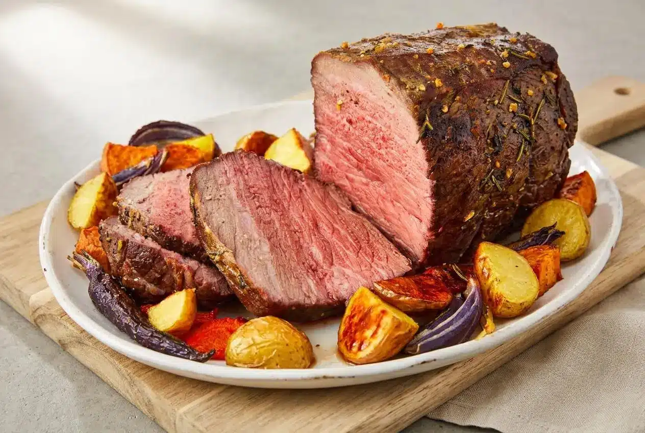 Tender garlic herb crusted roast beef sliced to show a juicy, rosy pink medium-rare center.