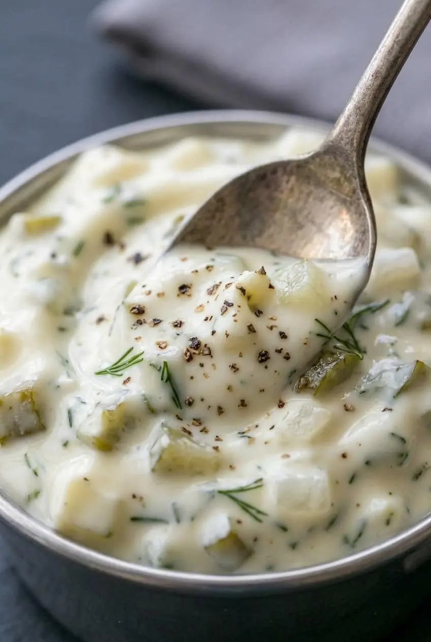 A vintage silver spoon scooping thick tartar sauce to show its creamy emulsified texture and finely diced dill pickles.