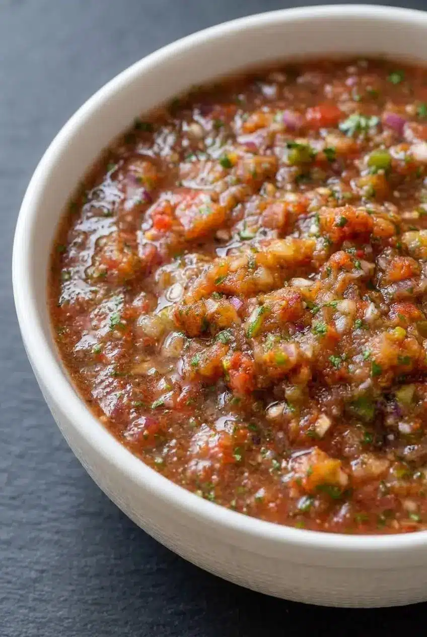 Close-up of thick, glistening red salsa texture showing bits of Roma tomatoes, minced red onion, and green chiles.