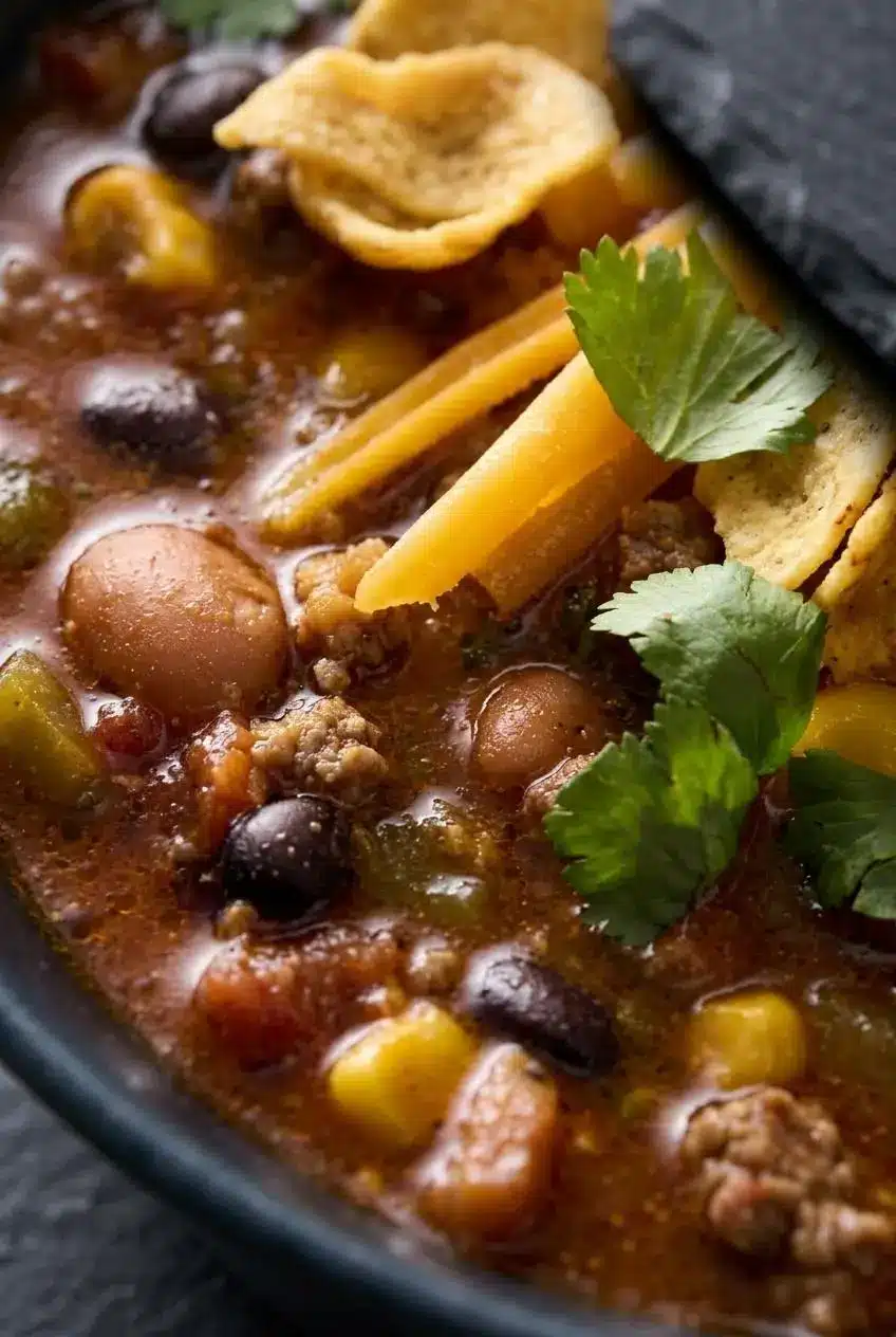 Extreme close-up of thick taco soup broth clinging to seasoned ground beef, black beans, and fire-roasted corn.