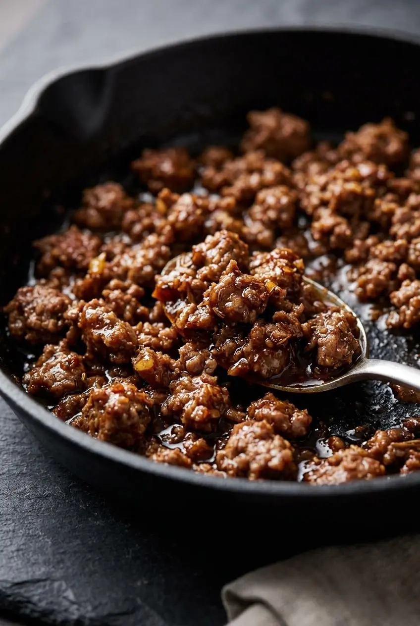 Macro close-up of glossy, reddish-brown seasoned ground beef simmering in a black cast-iron skillet.
