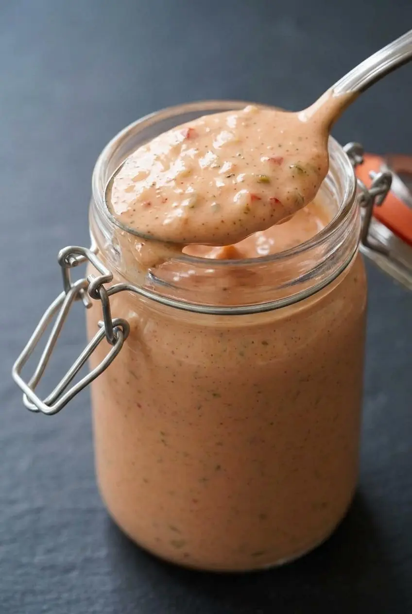 Close-up of creamy thousand island dressing being lifted with a silver spoon, showing specks of relish and spices.