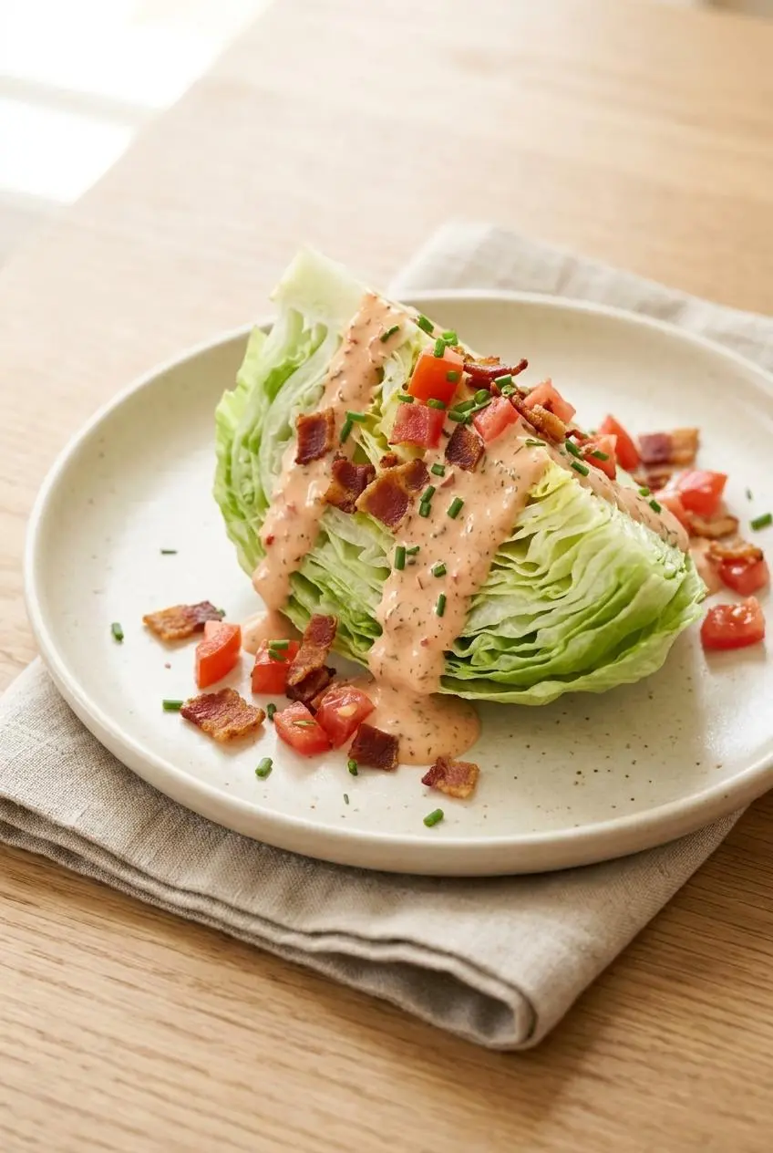 Crisp iceberg lettuce wedge salad on a plate, drizzled with pinkish-orange dressing, bacon bits, and tomatoes.