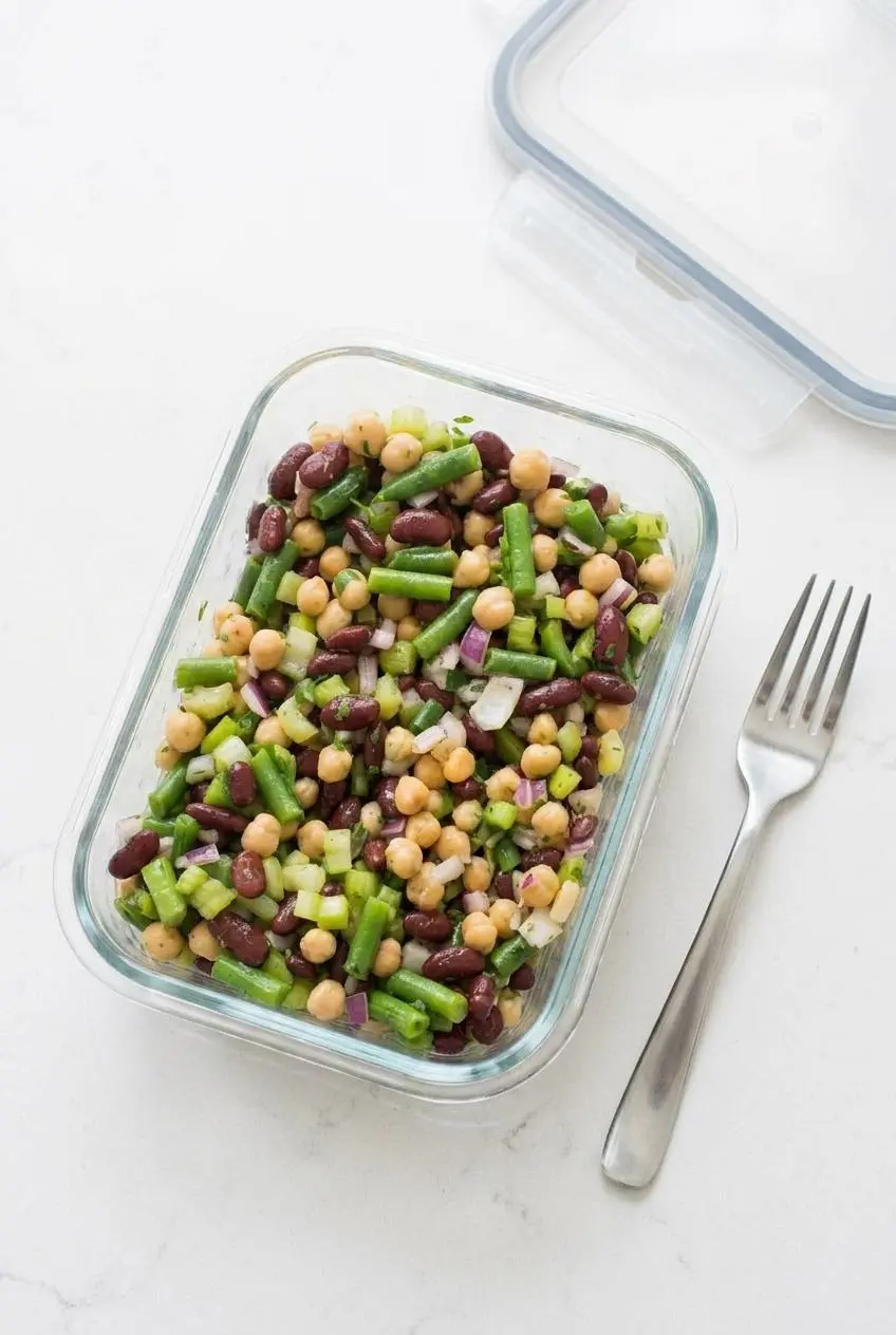 Chilled three bean salad stored in an airtight glass container on a white quartz countertop.