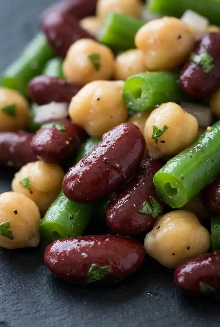 Macro close-up of glossy dark red kidney beans, blanched green beans, and chickpeas coated in vinaigrette.