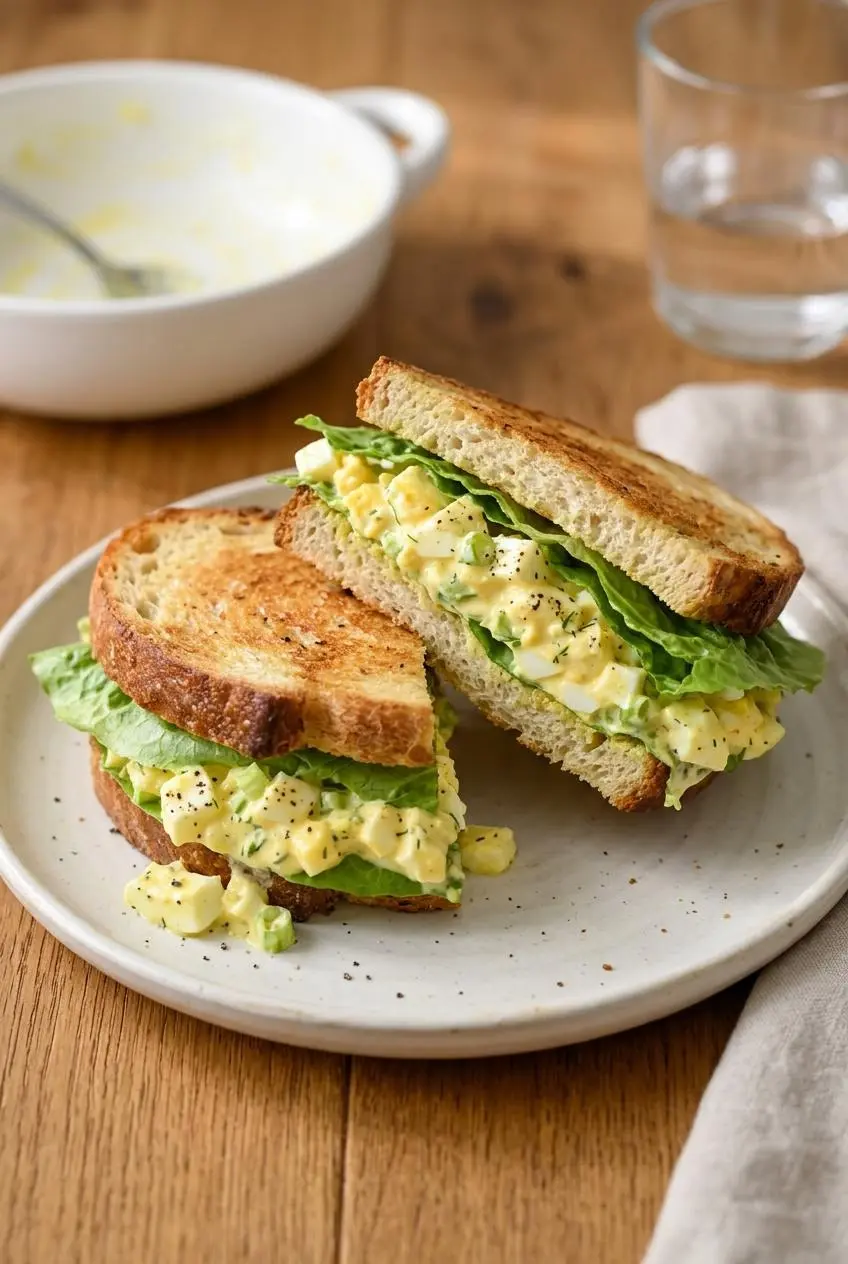 Toasted sourdough sandwich loaded with creamy egg salad and crisp green romaine lettuce cut in half on a plate.