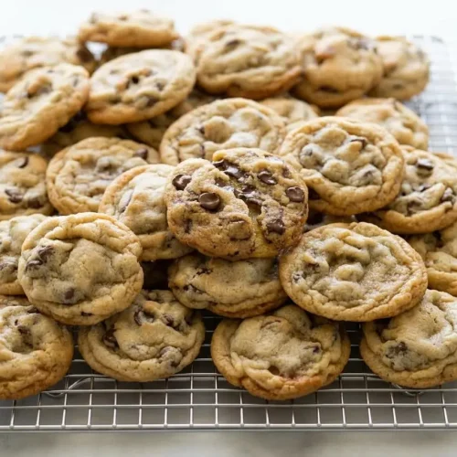 Toll house chocolate chip cookie recipe with crisp golden edges and gooey melted chocolate morsels.