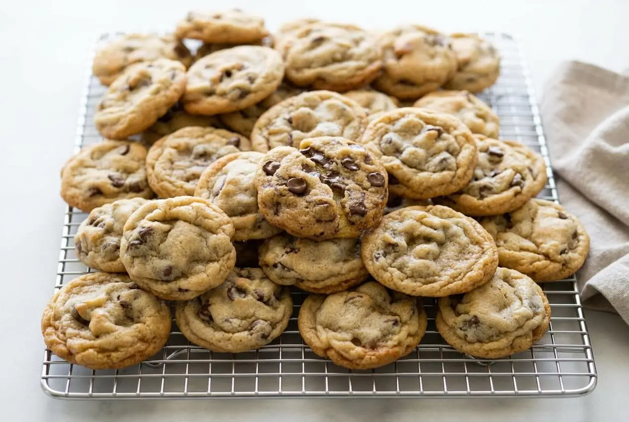Toll house chocolate chip cookie recipe with crisp golden edges and gooey melted chocolate morsels.