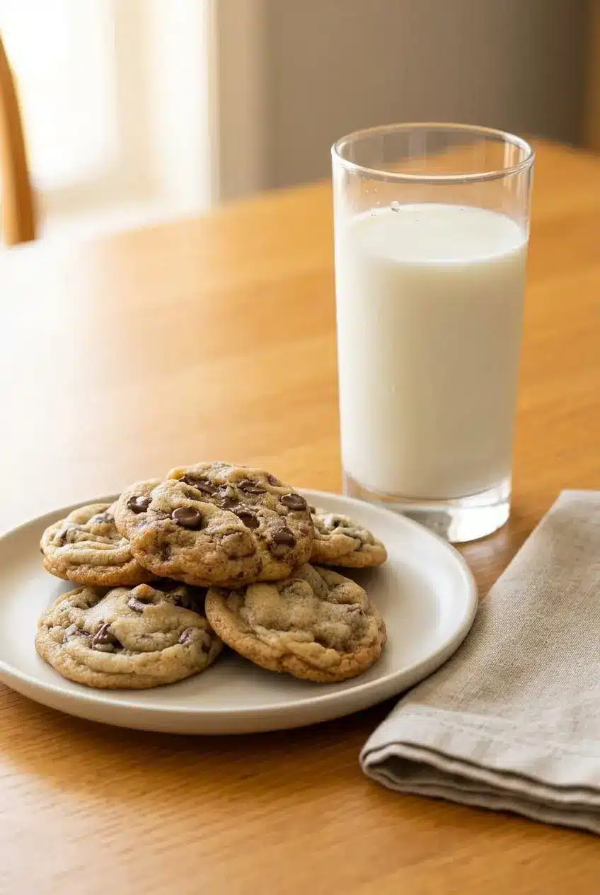 Stack of warm chocolate chip cookies on a dessert plate next to a cold glass of milk.