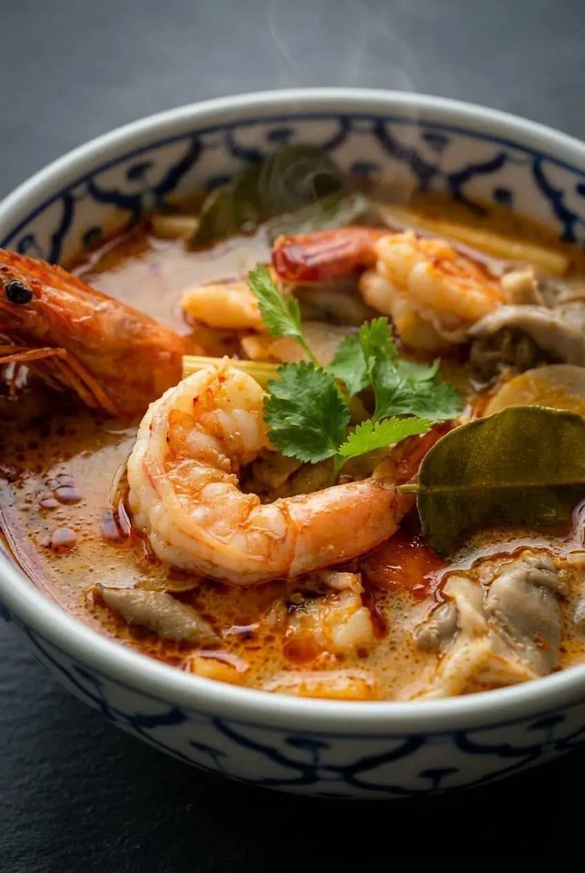 Close-up of a tender C-shaped poached shrimp in vibrant spicy tom yum broth with chili oil.