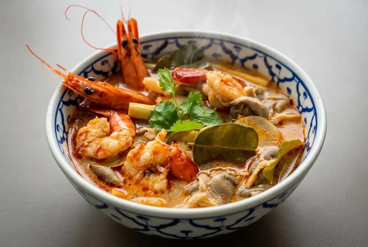 Tom yum soup recipe featuring tender shrimp, aromatic Thai herbs, and chili oil in fragrant broth.