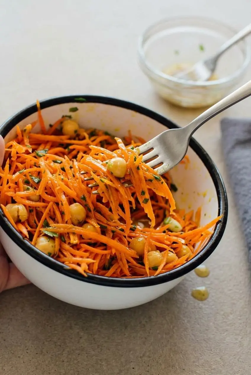 Fork lifting freshly grated carrots and chickpeas while tossing the salad in a bowl.