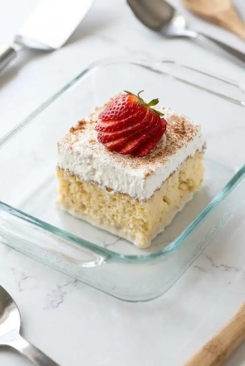 Chilled glass baking dish with soaked tres leches cake resting on a quartz countertop for advance prep.