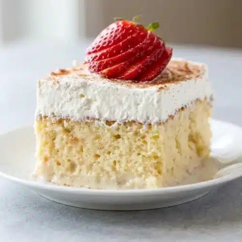 Classic tres leches cake recipe slice topped with fluffy whipped cream and a dusting of ground cinnamon.