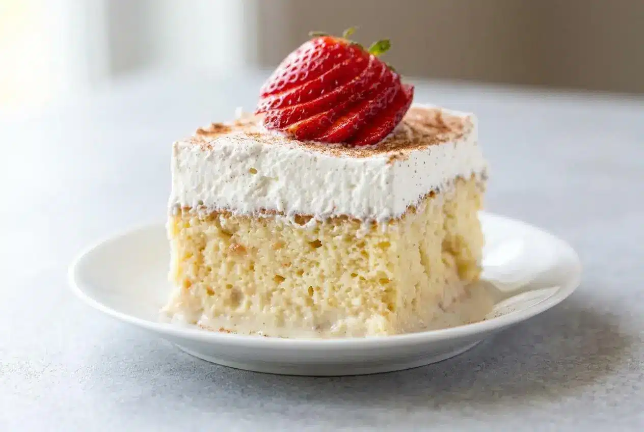 Classic tres leches cake recipe slice topped with fluffy whipped cream and a dusting of ground cinnamon.